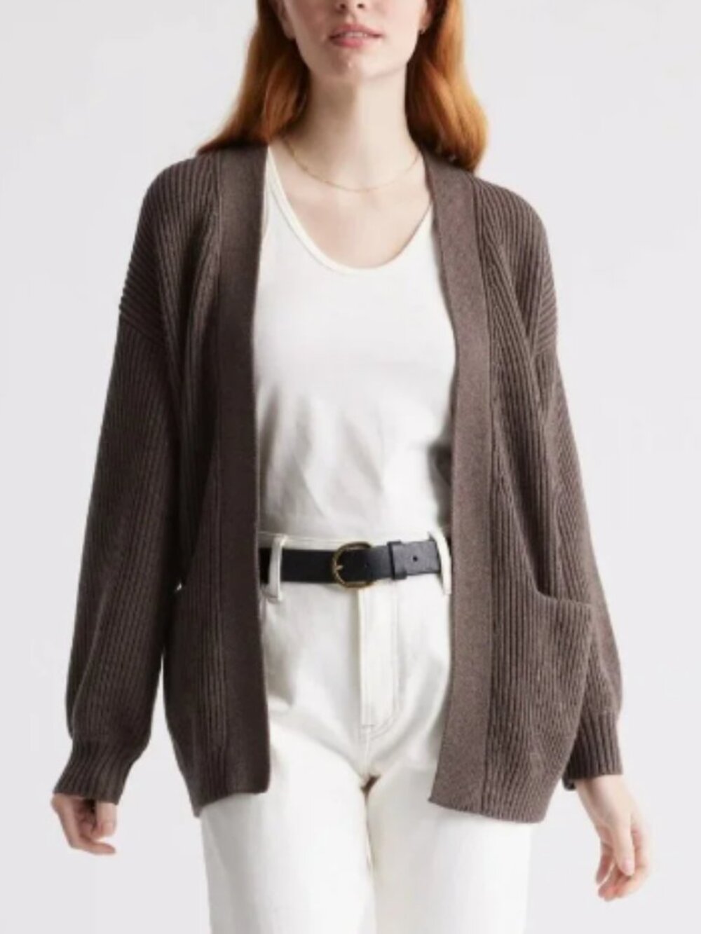 Quince 100% Organic Cotton Oversized Cardigan Heather Brown Open Front Pockets
